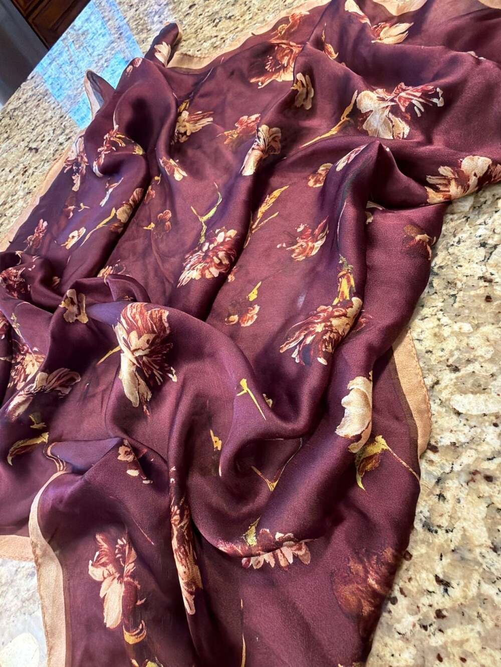 Ellen Tracy Silk Scarf Burgundy Floral Print